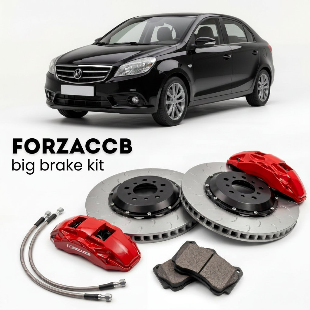 Black ChangAn BenBen II (2015+) shown above a ForzaCCB iron rotor big brake kit with 2x red 6-piston front calipers, 2x two-piece floating ventilated brake discs 380 mm, set of brake pads, and brake lines.