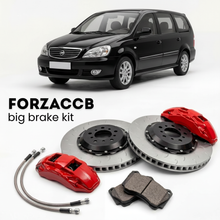 Black ChangAn CM8 (2005-2015) shown above a ForzaCCB iron rotor big brake kit with 2x red 6-piston front calipers, 2x two-piece floating ventilated brake discs 380 mm, set of brake pads, and brake lines.