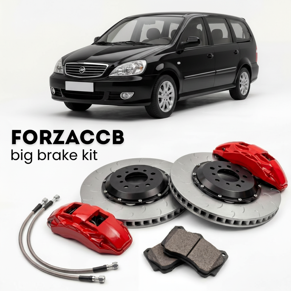 Black ChangAn CM8 (2005-2015) shown above a ForzaCCB iron rotor big brake kit with 2x red 6-piston front calipers, 2x two-piece floating ventilated brake discs 380 mm, set of brake pads, and brake lines.