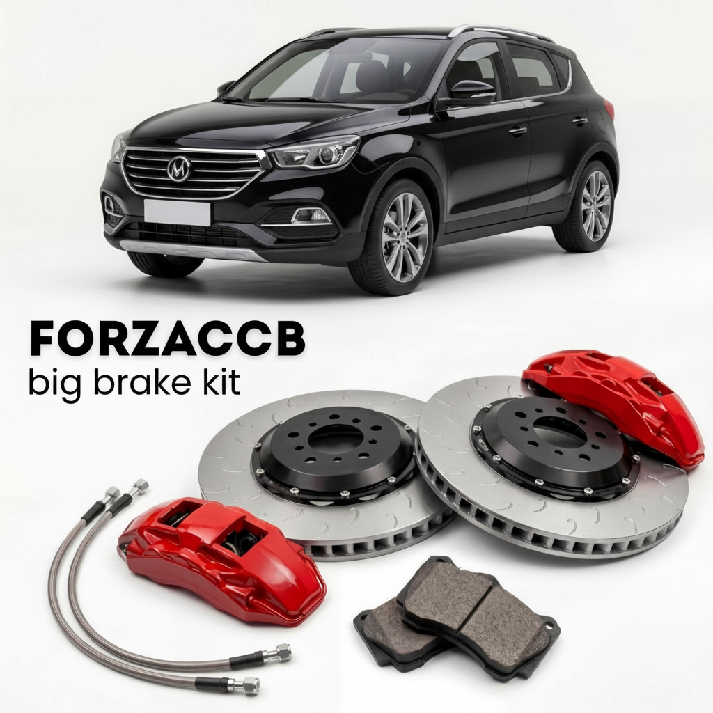 Black ChangAn CS15 (2016+) shown above a ForzaCCB iron rotor big brake kit with 2x red 6-piston front calipers, 2x two-piece floating ventilated brake discs 380 mm, set of brake pads, and brake lines.