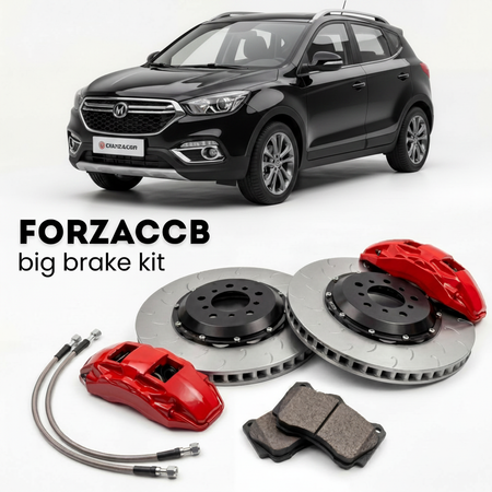 Black ChangAn CS35 facelift 2017 (2017-2022) shown above a ForzaCCB iron rotor big brake kit with 2x red 6-piston front calipers, 2x two-piece floating ventilated brake discs 380 mm, set of brake pads, and brake lines.