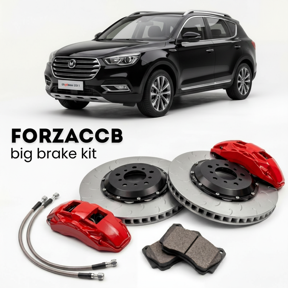 Black ChangAn CS55 I (2017-2018) shown above a ForzaCCB iron rotor big brake kit with 2x red 6-piston front calipers, 2x two-piece floating ventilated brake discs 380 mm, set of brake pads, and brake lines.