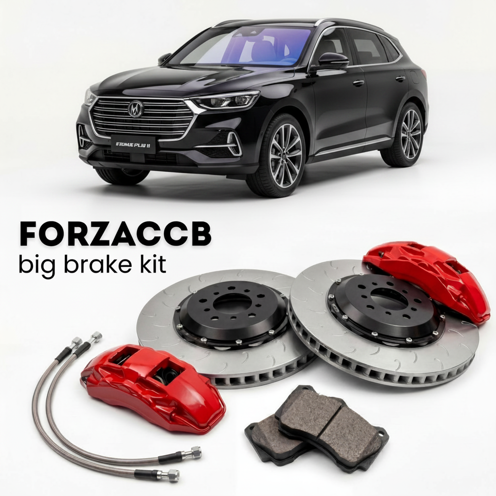 Black ChangAn CS55 Plus III (2025+) shown above a ForzaCCB iron rotor big brake kit with 2x red 6-piston front calipers, 2x two-piece floating ventilated brake discs 380 mm, set of brake pads, and brake lines.