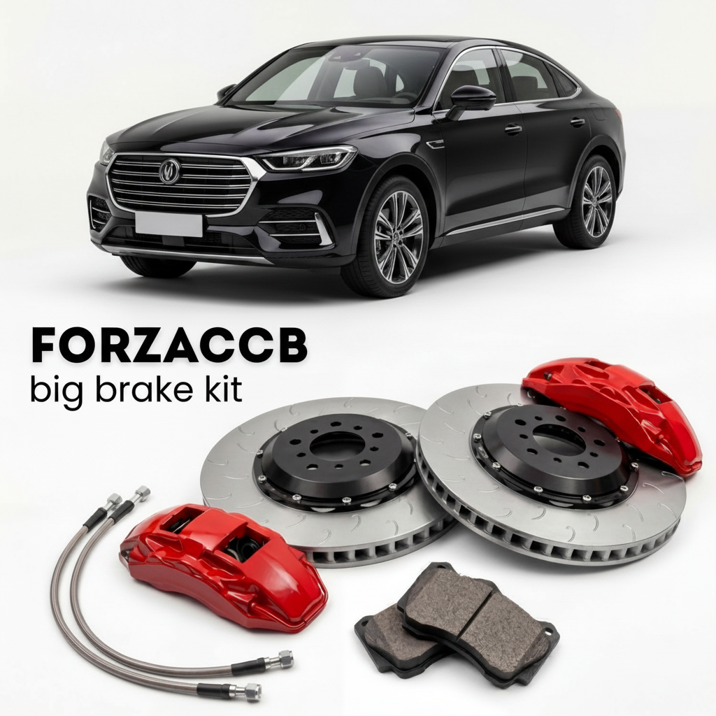 Black ChangAn CS85 (2019+) shown above a ForzaCCB iron rotor big brake kit with 2x red 6-piston front calipers, 2x two-piece floating ventilated brake discs 380 mm, set of brake pads, and brake lines.