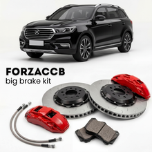 Black ChangAn CX70 (2016+) shown above a ForzaCCB iron rotor big brake kit with 2x red 6-piston front calipers, 2x two-piece floating ventilated brake discs 380 mm, set of brake pads, and brake lines.