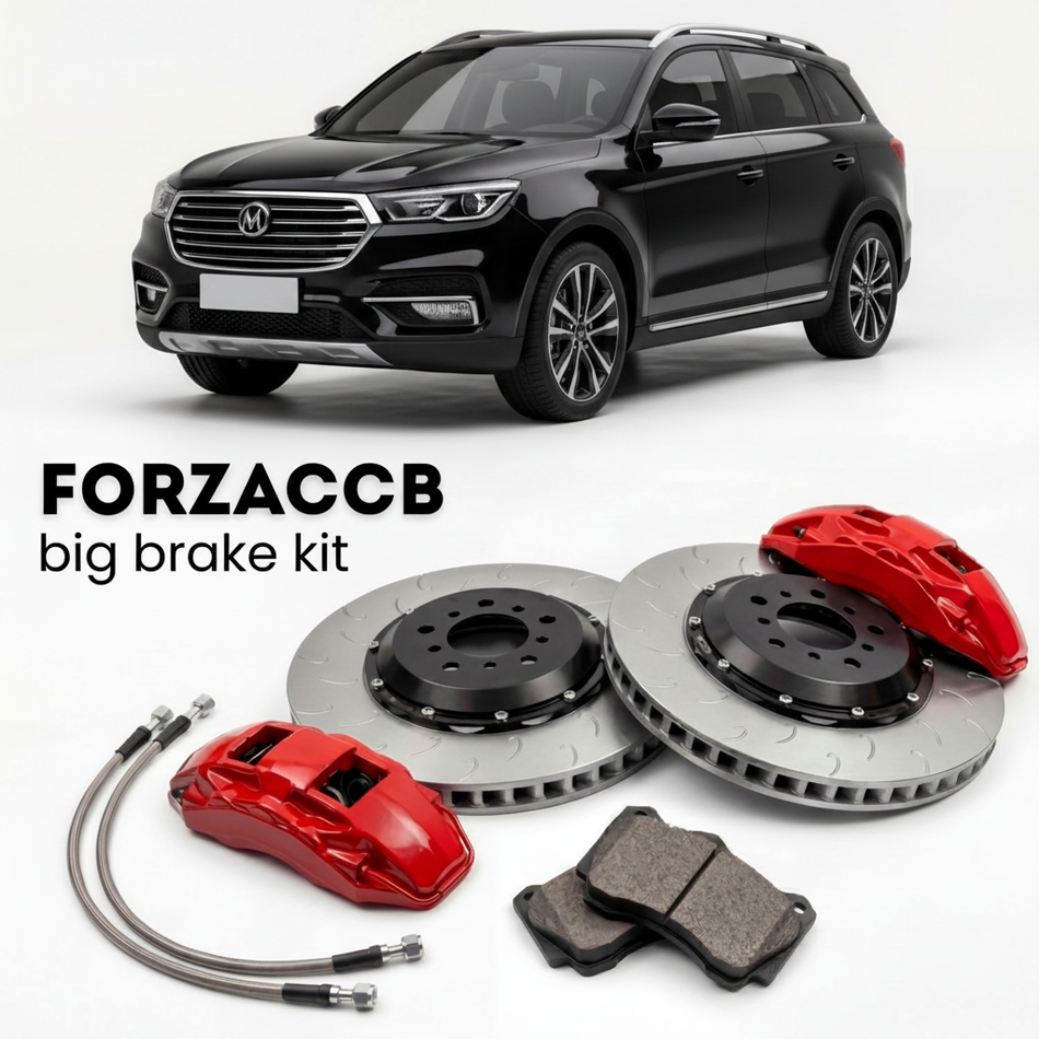 Black ChangAn CX70 (2016+) shown above a ForzaCCB iron rotor big brake kit with 2x red 6-piston front calipers, 2x two-piece floating ventilated brake discs 380 mm, set of brake pads, and brake lines.