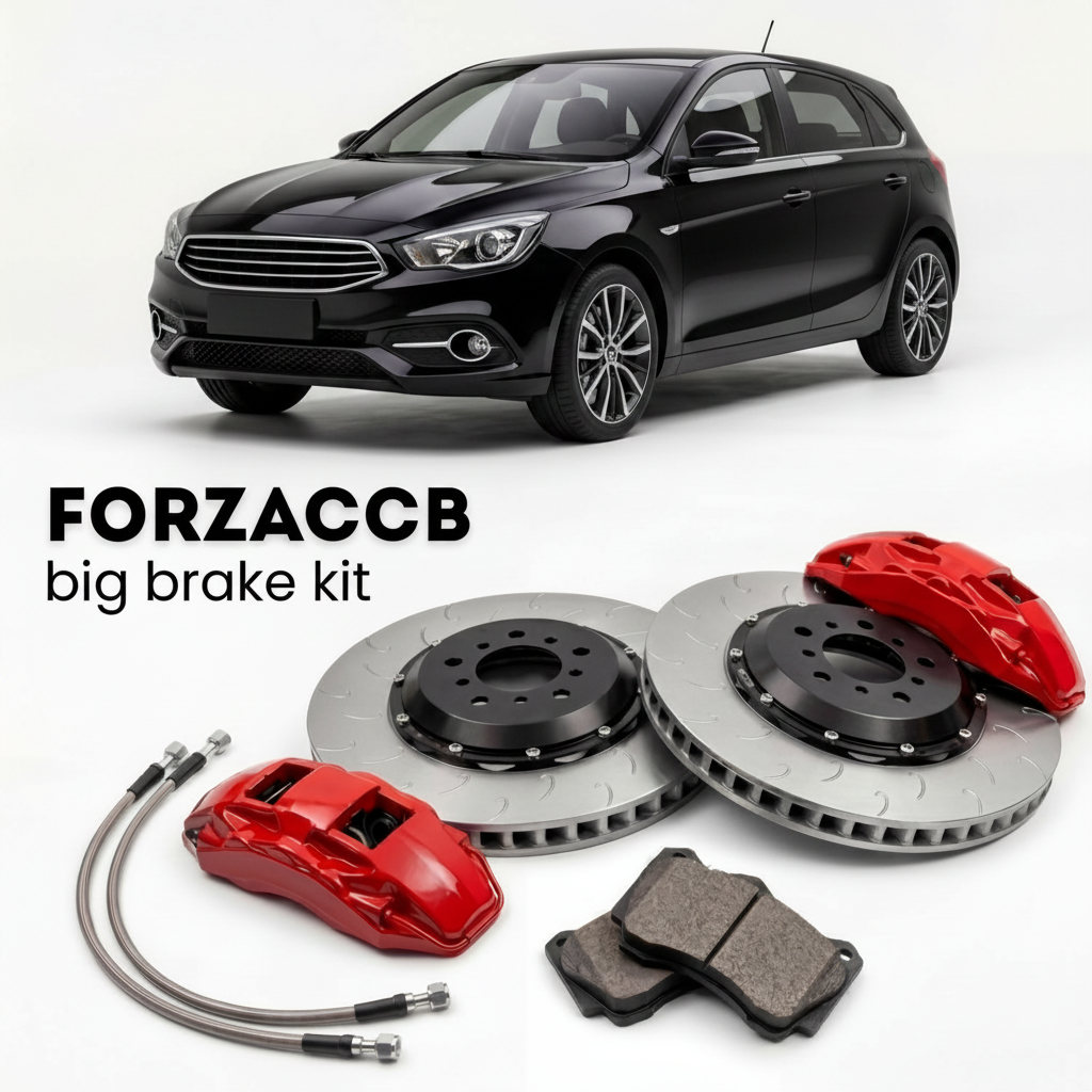 Black ChangAn Eado XT II (2018-2020) shown above a ForzaCCB iron rotor big brake kit with 2x red 6-piston front calipers, 2x two-piece floating ventilated brake discs 380 mm, set of brake pads, and brake lines.