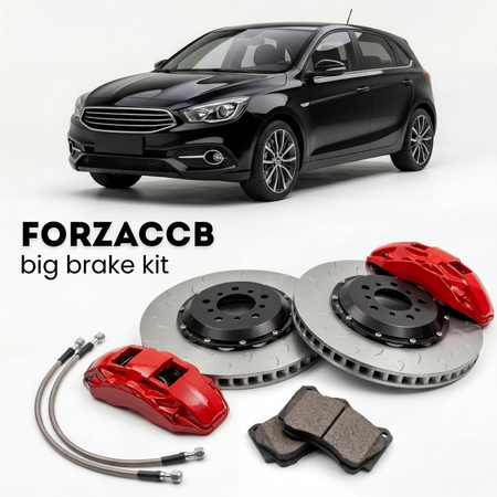 Black ChangAn Eado XT II (2018-2020) shown above a ForzaCCB iron rotor big brake kit with 2x red 6-piston front calipers, 2x two-piece floating ventilated brake discs 380 mm, set of brake pads, and brake lines.