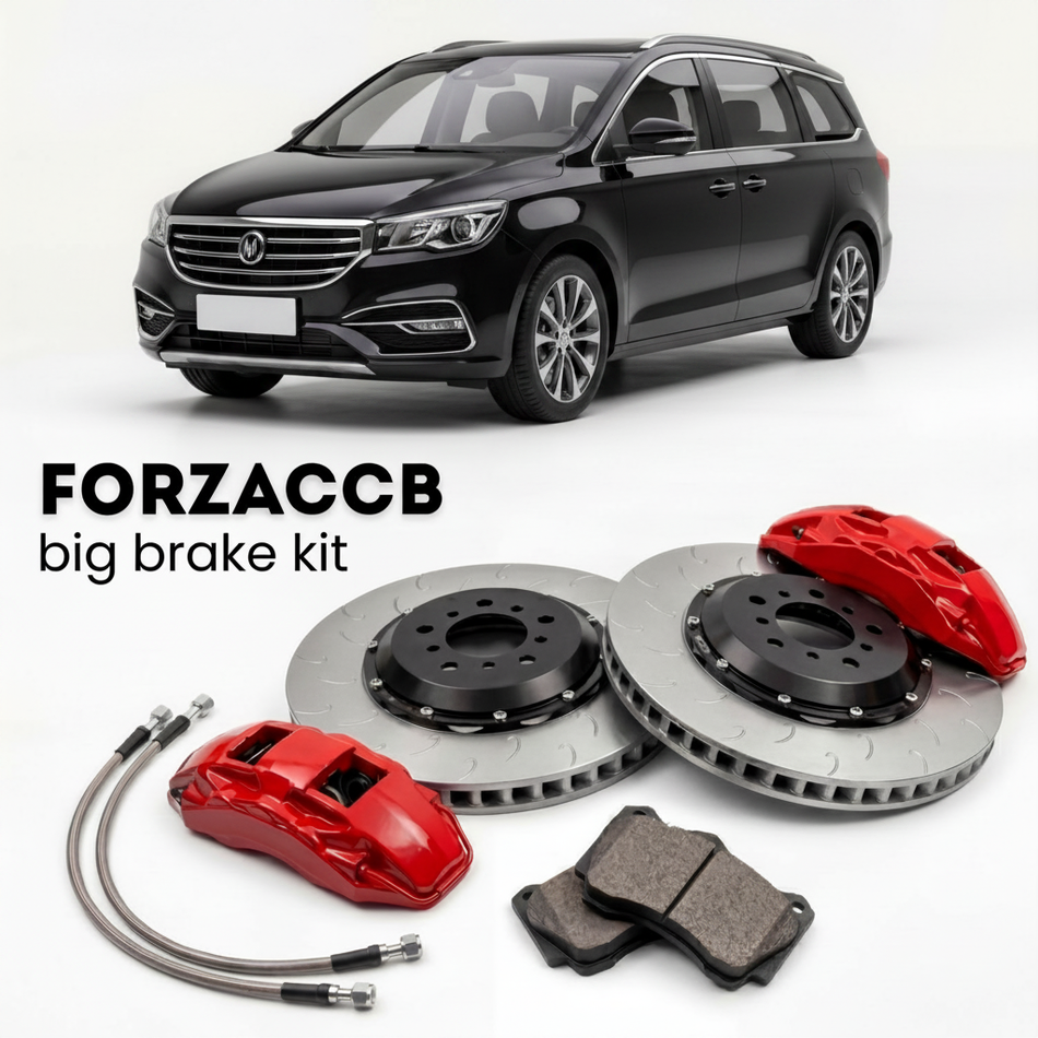 Black ChangAn Linmax (2017+) shown above a ForzaCCB iron rotor big brake kit with 2x red 6-piston front calipers, 2x two-piece floating ventilated brake discs 380 mm, set of brake pads, and brake lines.