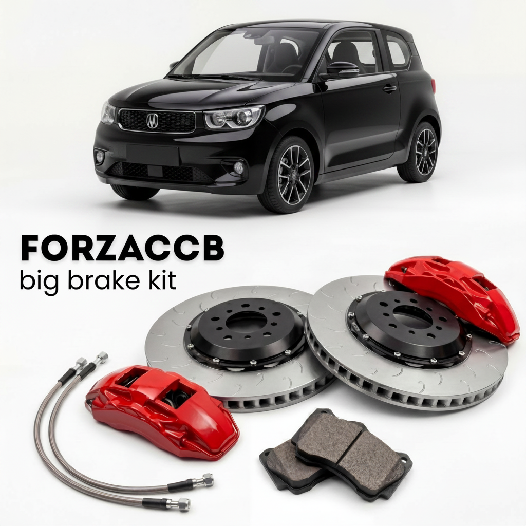 Black ChangAn Lumin (2022+) shown above a ForzaCCB iron rotor big brake kit with 2x red 6-piston front calipers, 2x two-piece floating ventilated brake discs 380 mm, set of brake pads, and brake lines.