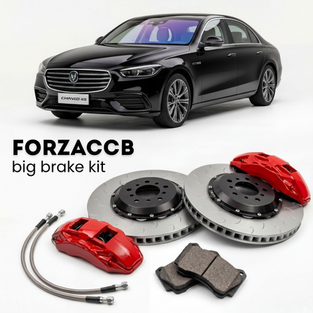 Black Changan Nevo A05 (2023+) shown above a ForzaCCB iron rotor big brake kit with 2x red 6-piston front calipers, 2x two-piece floating ventilated brake discs 380 mm, set of brake pads, and brake lines.