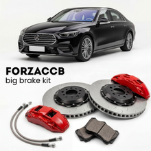 Black Changan Nevo A06 (2025+) shown above a ForzaCCB iron rotor big brake kit with 2x red 6-piston front calipers, 2x two-piece floating ventilated brake discs 380 mm, set of brake pads, and brake lines.
