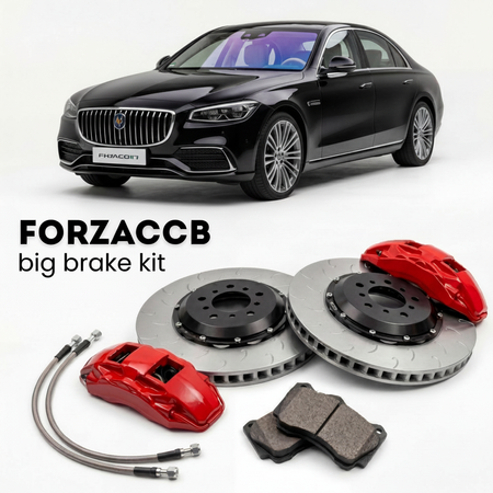 Black Changan Nevo A07 (2023+) shown above a ForzaCCB iron rotor big brake kit with 2x red 6-piston front calipers, 2x two-piece floating ventilated brake discs 380 mm, set of brake pads, and brake lines.