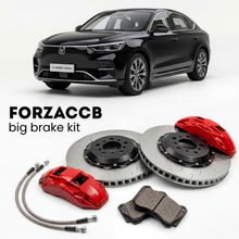 Black Changan Nevo Q05 I (2024-2025) shown above a ForzaCCB iron rotor big brake kit with 2x red 6-piston front calipers, 2x two-piece floating ventilated brake discs 380 mm, set of brake pads, and brake lines.