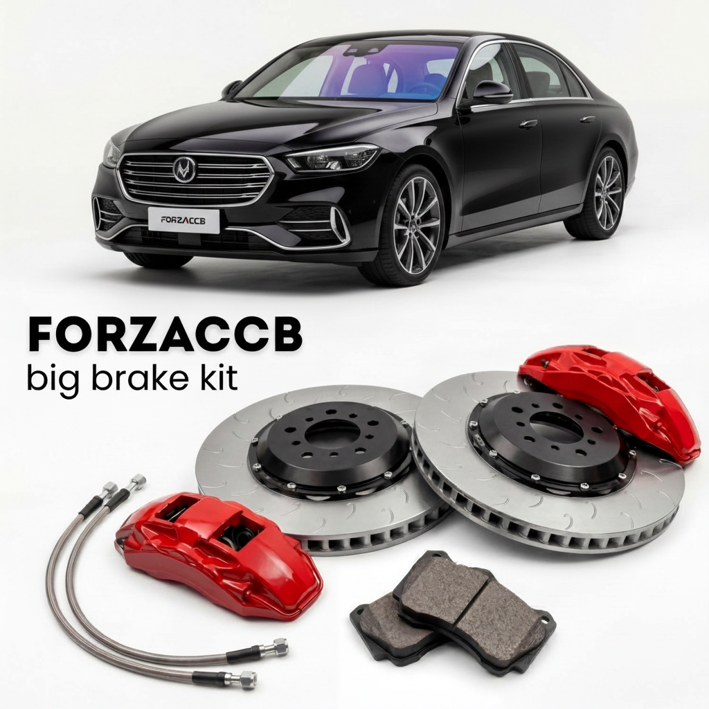 Black Changan Nevo Q05 II (2025+) shown above a ForzaCCB iron rotor big brake kit with 2x red 6-piston front calipers, 2x two-piece floating ventilated brake discs 380 mm, set of brake pads, and brake lines.