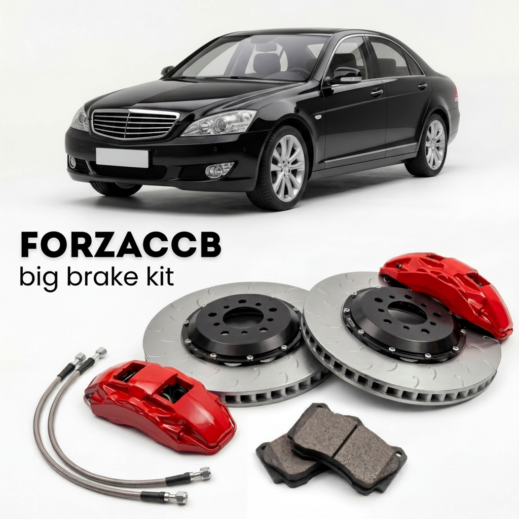 Black ChangAn Z-Chine (2008-2010) shown above a ForzaCCB iron rotor big brake kit with 2x red 6-piston front calipers, 2x two-piece floating ventilated brake discs 380 mm, set of brake pads, and brake lines.