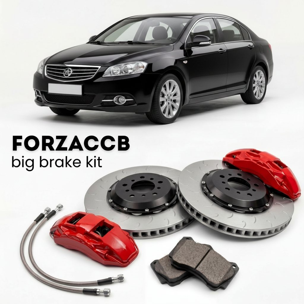 Black Chery A3 (2008-2015) shown above a ForzaCCB iron rotor big brake kit with 2x red 6-piston front calipers, 2x two-piece floating ventilated brake discs 380 mm, set of brake pads, and brake lines.