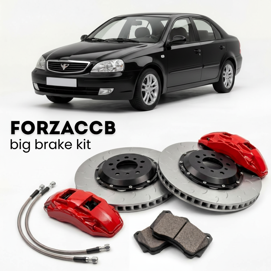 Black Chery Amulet A15 (2005-2010) shown above a ForzaCCB iron rotor big brake kit with 2x red 6-piston front calipers, 2x two-piece floating ventilated brake discs 380 mm, set of brake pads, and brake lines.