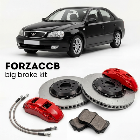 Black Chery Amulet A15 (2005-2010) shown above a ForzaCCB iron rotor big brake kit with 2x red 6-piston front calipers, 2x two-piece floating ventilated brake discs 380 mm, set of brake pads, and brake lines.