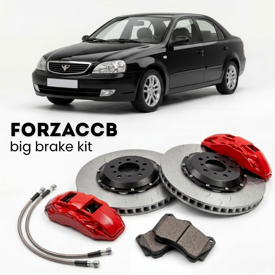 Black Chery Amulet A15 (2005-2010) shown above a ForzaCCB iron rotor big brake kit with 2x red 6-piston front calipers, 2x two-piece floating ventilated brake discs 380 mm, set of brake pads, and brake lines.