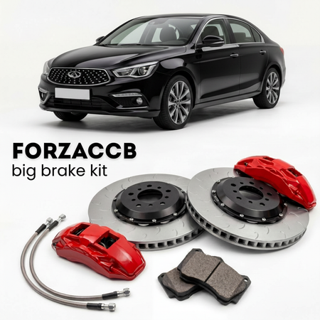Black Chery Arrizo 5 Chery Arizzo 5 (2016-2019) shown above a ForzaCCB iron rotor big brake kit with 2x red 6-piston front calipers, 2x two-piece floating ventilated brake discs 380 mm, set of brake pads, and brake lines.