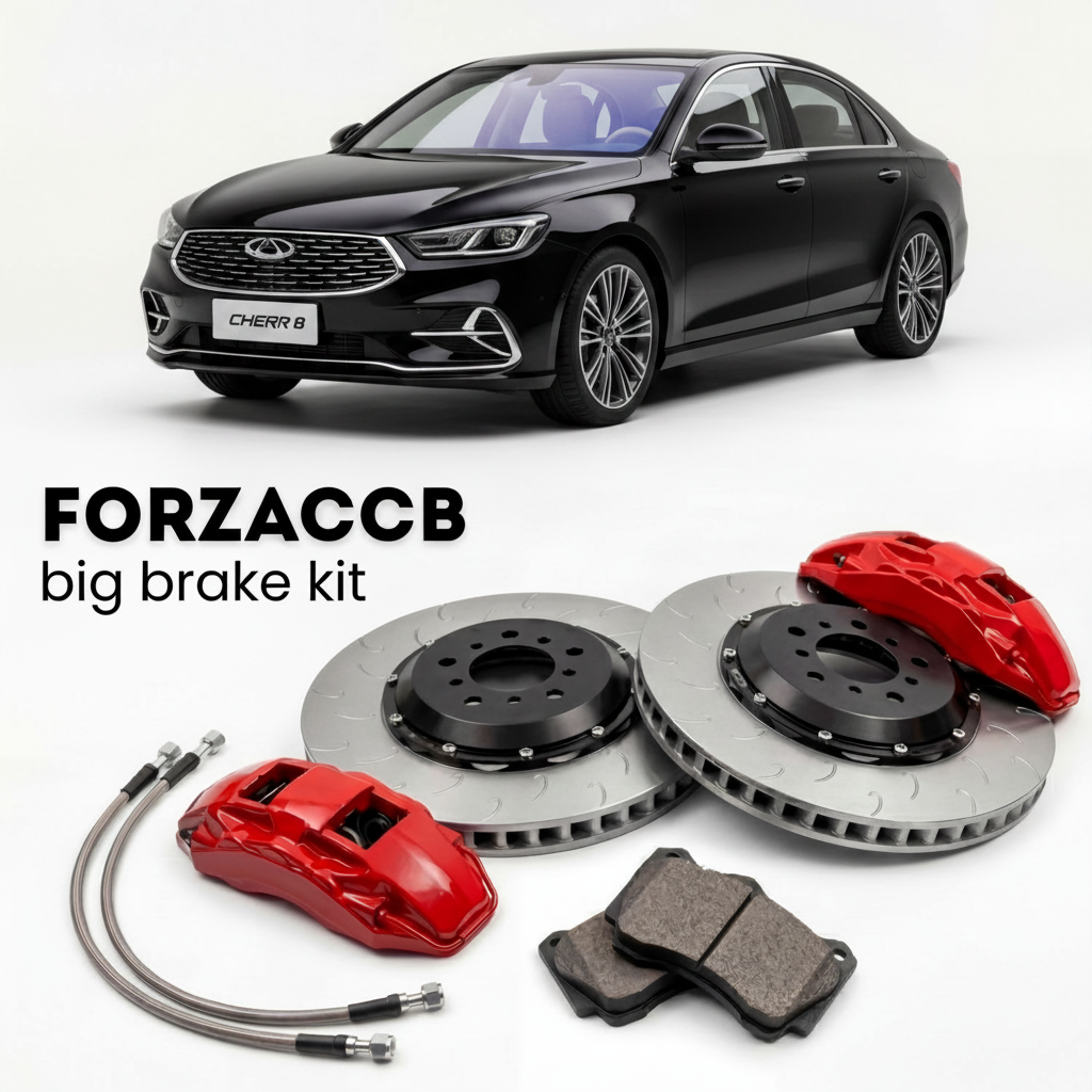 Black Chery Arrizo 8 (2022+) shown above a ForzaCCB iron rotor big brake kit with 2x red 6-piston front calipers, 2x two-piece floating ventilated brake discs 380 mm, set of brake pads, and brake lines.
