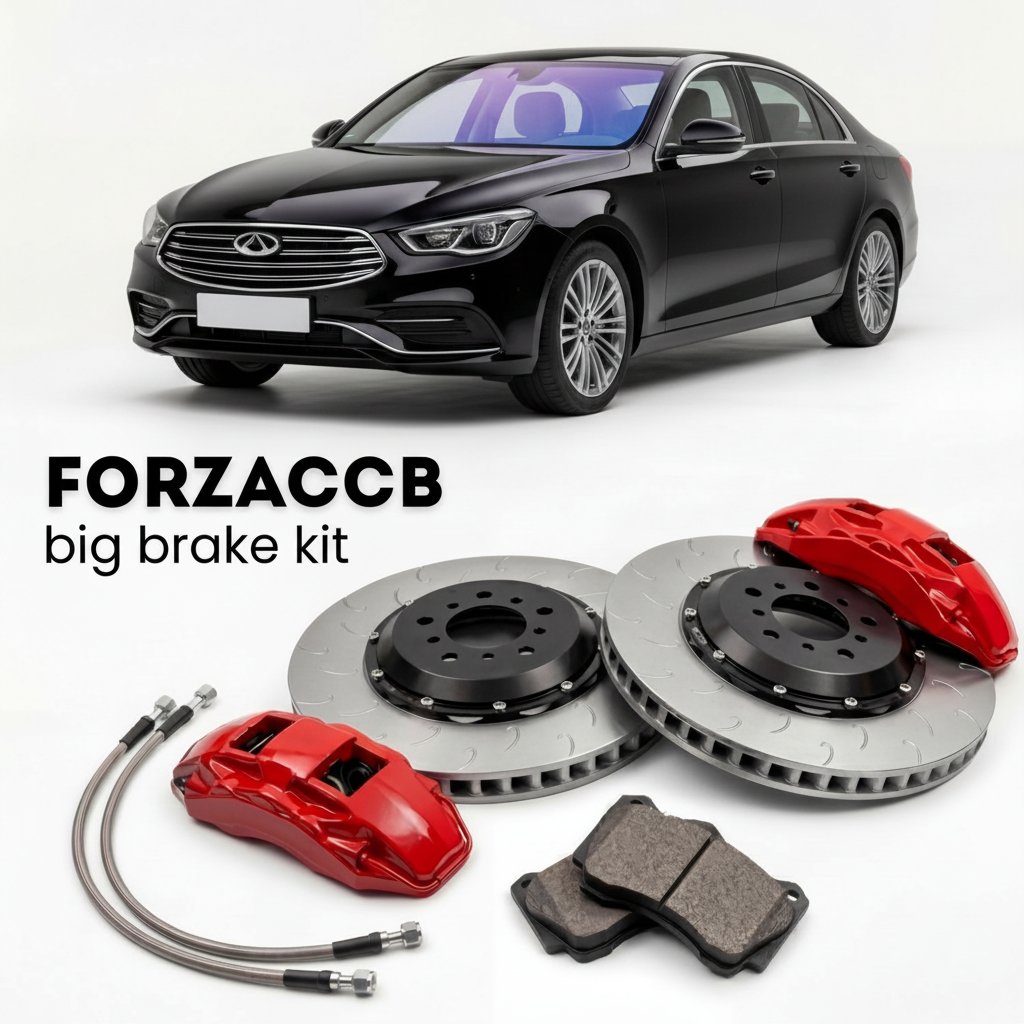 Black Chery Arrizo GX (2018-2021) shown above a ForzaCCB iron rotor big brake kit with 2x red 6-piston front calipers, 2x two-piece floating ventilated brake discs 380 mm, set of brake pads, and brake lines.