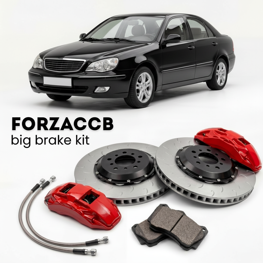 Black Chery Fora A21 (2006-2010) shown above a ForzaCCB iron rotor big brake kit with 2x red 6-piston front calipers, 2x two-piece floating ventilated brake discs 380 mm, set of brake pads, and brake lines.