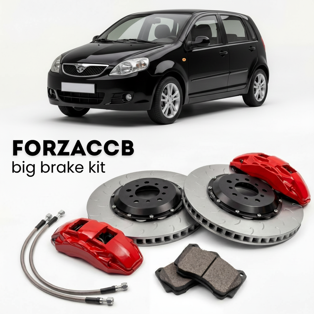 Black Chery Kimo A1) (2006-2015 (Chery Kimo) shown above a ForzaCCB iron rotor big brake kit with 2x red 6-piston front calipers, 2x two-piece floating ventilated brake discs 380 mm, set of brake pads, and brake lines.