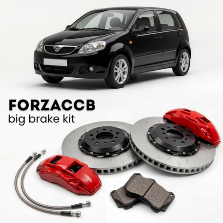 Black Chery Kimo A1) (2006-2015 (Chery Kimo) shown above a ForzaCCB iron rotor big brake kit with 2x red 6-piston front calipers, 2x two-piece floating ventilated brake discs 380 mm, set of brake pads, and brake lines.