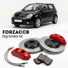 Black Chery QQ6 S21) (2006-2010 (Chery QQ6) shown above a ForzaCCB iron rotor big brake kit with 2x red 6-piston front calipers, 2x two-piece floating ventilated brake discs 380 mm, set of brake pads, and brake lines.