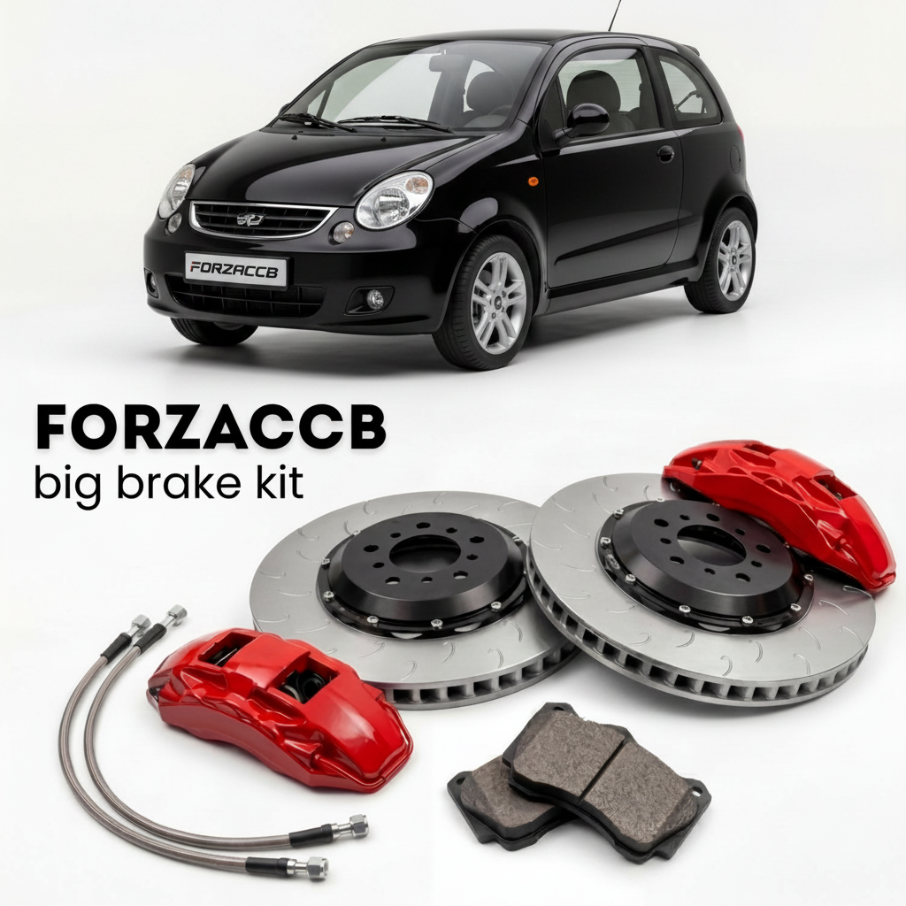 Black Chery Sweet QQ) (2005-2013 (Chery Sweet) shown above a ForzaCCB iron rotor big brake kit with 2x red 6-piston front calipers, 2x two-piece floating ventilated brake discs 380 mm, set of brake pads, and brake lines.