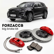 Black Chery Tansuo 06 (2023+) shown above a ForzaCCB iron rotor big brake kit with 2x red 6-piston front calipers, 2x two-piece floating ventilated brake discs 380 mm, set of brake pads, and brake lines.