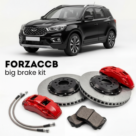 Black Chery Tiggo 2 (2016-2021) shown above a ForzaCCB iron rotor big brake kit with 2x red 6-piston front calipers, 2x two-piece floating ventilated brake discs 380 mm, set of brake pads, and brake lines.