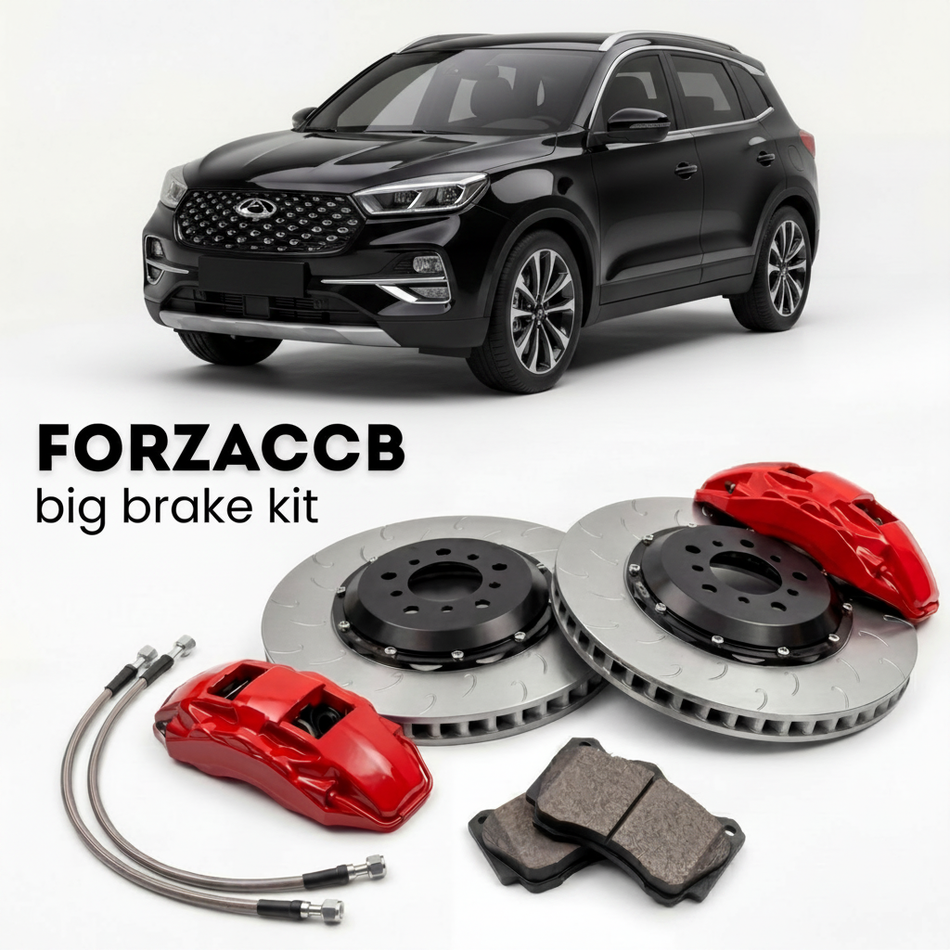 Black Chery Tiggo 2 Pro (2021+) shown above a ForzaCCB iron rotor big brake kit with 2x red 6-piston front calipers, 2x two-piece floating ventilated brake discs 380 mm, set of brake pads, and brake lines.