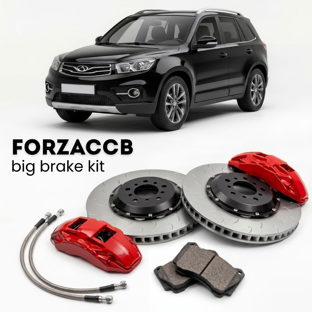 Black Chery Tiggo 3 facelift 2014 (2014+) shown above a ForzaCCB iron rotor big brake kit with 2x red 6-piston front calipers, 2x two-piece floating ventilated brake discs 380 mm, set of brake pads, and brake lines.