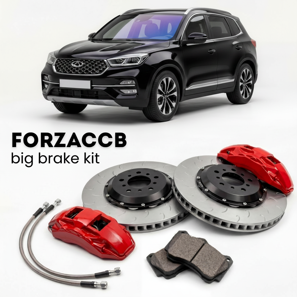 Black Chery Tiggo 4 facelift 2025 (2025+) shown above a ForzaCCB iron rotor big brake kit with 2x red 6-piston front calipers, 2x two-piece floating ventilated brake discs 380 mm, set of brake pads, and brake lines.