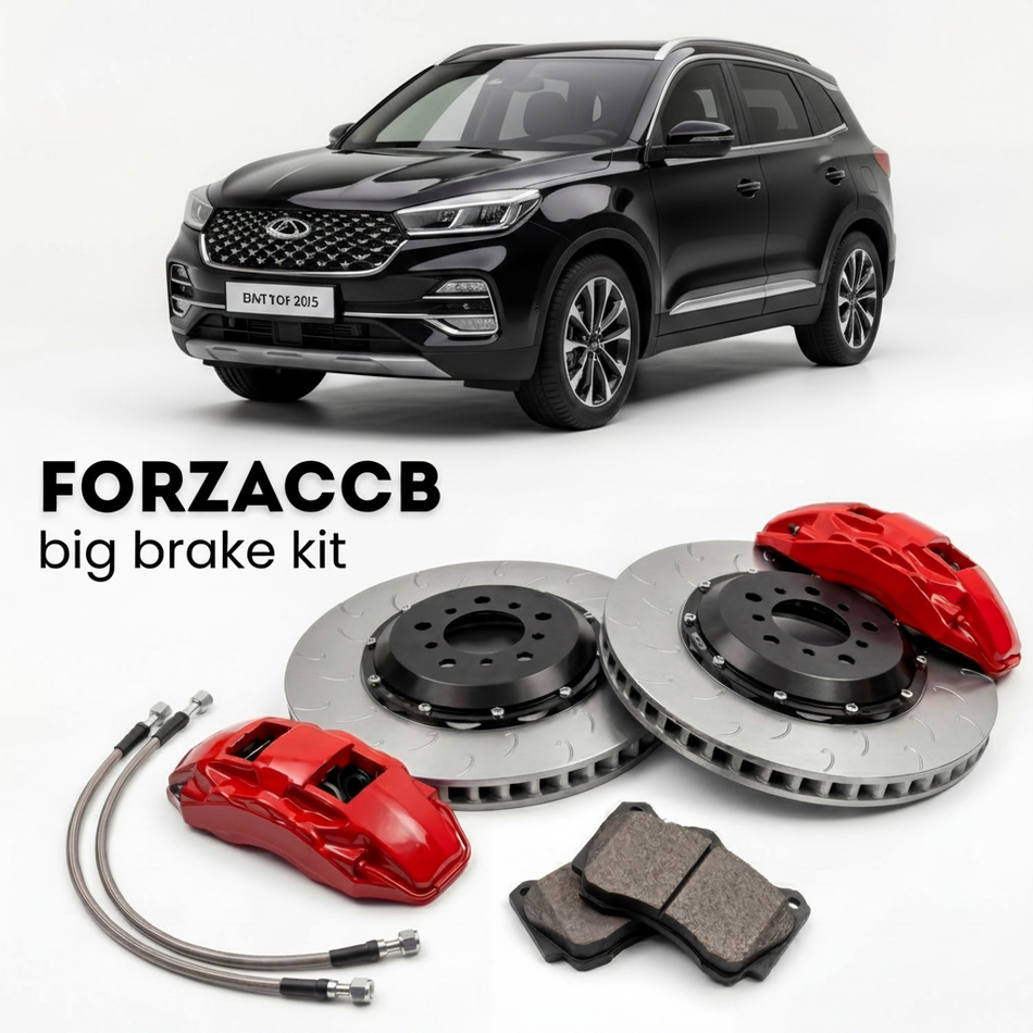 Black Chery Tiggo 4 Pro (2024-2025) shown above a ForzaCCB iron rotor big brake kit with 2x red 6-piston front calipers, 2x two-piece floating ventilated brake discs 380 mm, set of brake pads, and brake lines.