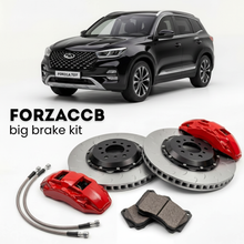 Black Chery Tiggo 7 Chinese market) (2022-2024 (II (facelift 2022) shown above a ForzaCCB iron rotor big brake kit with 2x red 6-piston front calipers, 2x two-piece floating ventilated brake discs 380 mm, set of brake pads, and brake lines.
