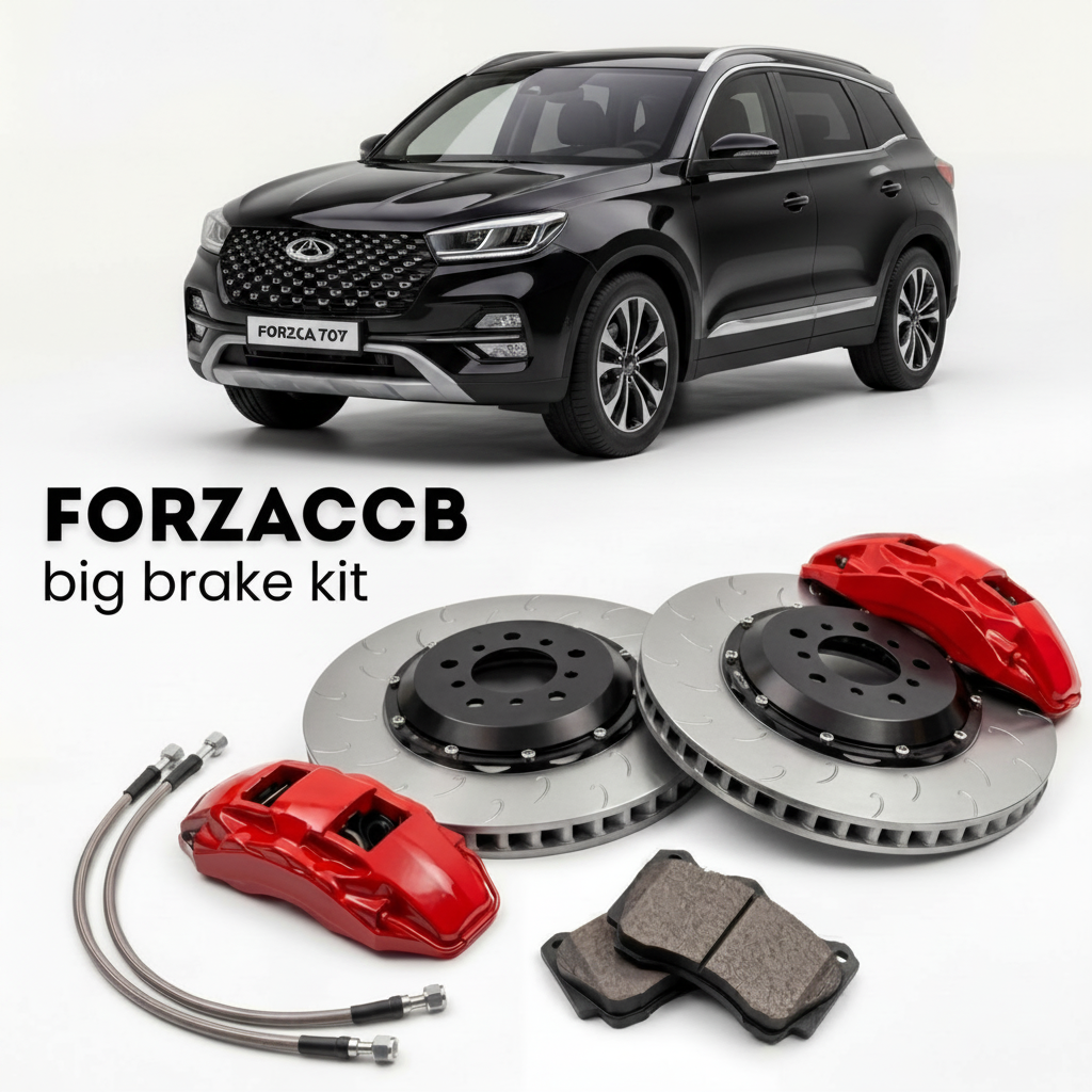 Black Chery Tiggo 7 Chinese market) (2022-2024 (II (facelift 2022) shown above a ForzaCCB iron rotor big brake kit with 2x red 6-piston front calipers, 2x two-piece floating ventilated brake discs 380 mm, set of brake pads, and brake lines.
