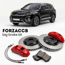 Black Chery Tiggo 7 Global market) (2023+ (II (facelift 2023) shown above a ForzaCCB iron rotor big brake kit with 2x red 6-piston front calipers, 2x two-piece floating ventilated brake discs 380 mm, set of brake pads, and brake lines.