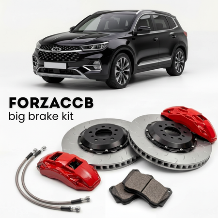 Black Chery Tiggo 7 Global market) (2023+ (II (facelift 2023) shown above a ForzaCCB iron rotor big brake kit with 2x red 6-piston front calipers, 2x two-piece floating ventilated brake discs 380 mm, set of brake pads, and brake lines.
