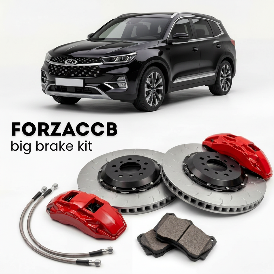 Black Chery Tiggo 7 Global market) (2023+ (II (facelift 2023) shown above a ForzaCCB iron rotor big brake kit with 2x red 6-piston front calipers, 2x two-piece floating ventilated brake discs 380 mm, set of brake pads, and brake lines.