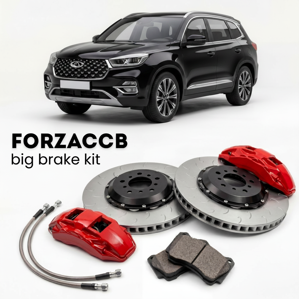 Black Chery Tiggo 8 I (2018-2020) shown above a ForzaCCB iron rotor big brake kit with 2x red 6-piston front calipers, 2x two-piece floating ventilated brake discs 380 mm, set of brake pads, and brake lines.