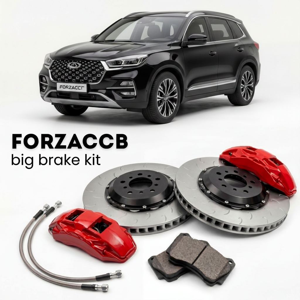 Black Chery Tiggo 8 facelift 2020) (2020-2022 (I) shown above a ForzaCCB iron rotor big brake kit with 2x red 6-piston front calipers, 2x two-piece floating ventilated brake discs 380 mm, set of brake pads, and brake lines.