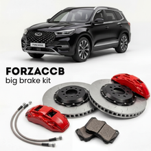 Black Chery Tiggo 8 facelift 2022) (2022-2025 (I) shown above a ForzaCCB iron rotor big brake kit with 2x red 6-piston front calipers, 2x two-piece floating ventilated brake discs 380 mm, set of brake pads, and brake lines.
