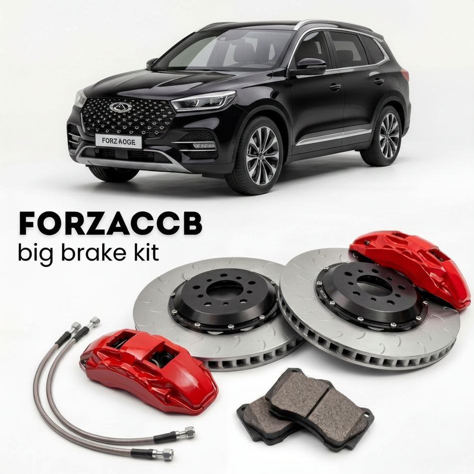 Black Chery Tiggo 8 facelift 2022) (2022-2025 (I) shown above a ForzaCCB iron rotor big brake kit with 2x red 6-piston front calipers, 2x two-piece floating ventilated brake discs 380 mm, set of brake pads, and brake lines.