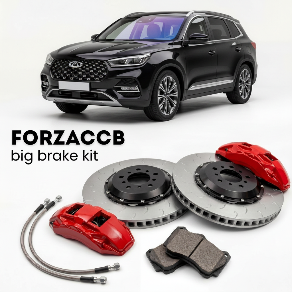 Black Chery Tiggo 8 II (2025+) shown above a ForzaCCB iron rotor big brake kit with 2x red 6-piston front calipers, 2x two-piece floating ventilated brake discs 380 mm, set of brake pads, and brake lines.