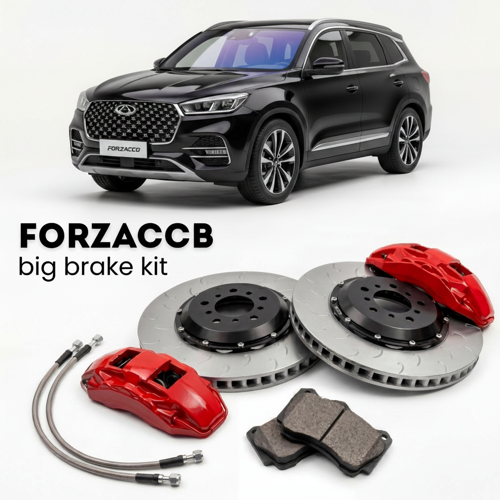 Black Chery Tiggo 9 (2023-2024) shown above a ForzaCCB iron rotor big brake kit with 2x red 6-piston front calipers, 2x two-piece floating ventilated brake discs 380 mm, set of brake pads, and brake lines.