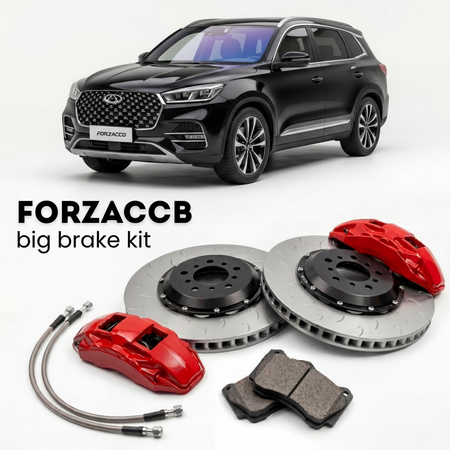 Black Chery Tiggo 9 (2023-2024) shown above a ForzaCCB iron rotor big brake kit with 2x red 6-piston front calipers, 2x two-piece floating ventilated brake discs 380 mm, set of brake pads, and brake lines.